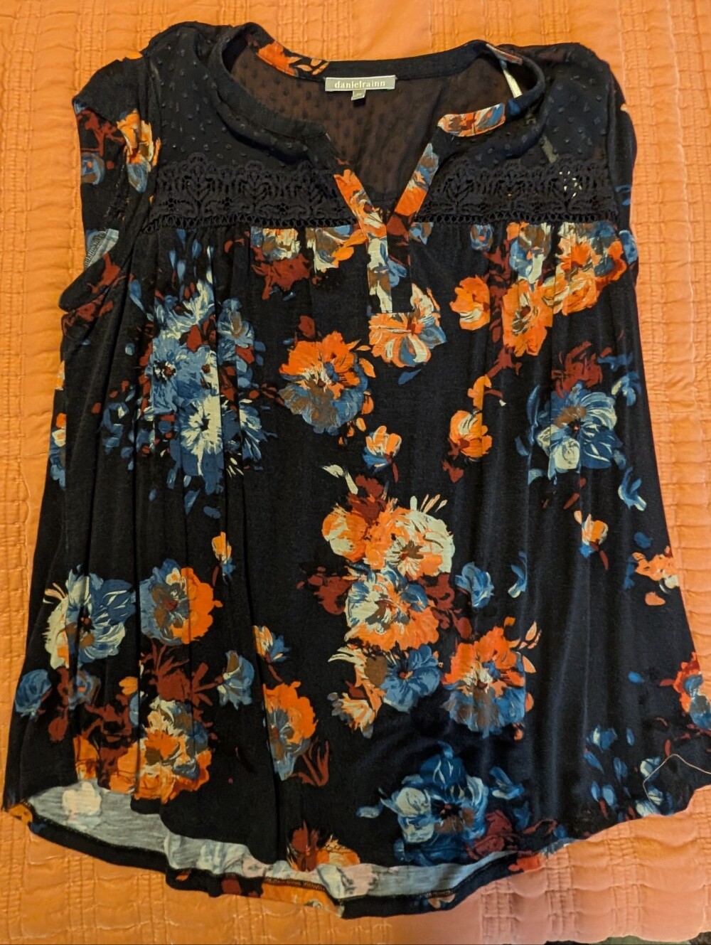 Daniel Rainn Black Floral Sleeveless Tunic with Blue & Orange Blooms